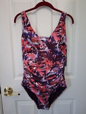 32 Degrees Floral Ruched One-Piece Swimsuit in Purple and Pink